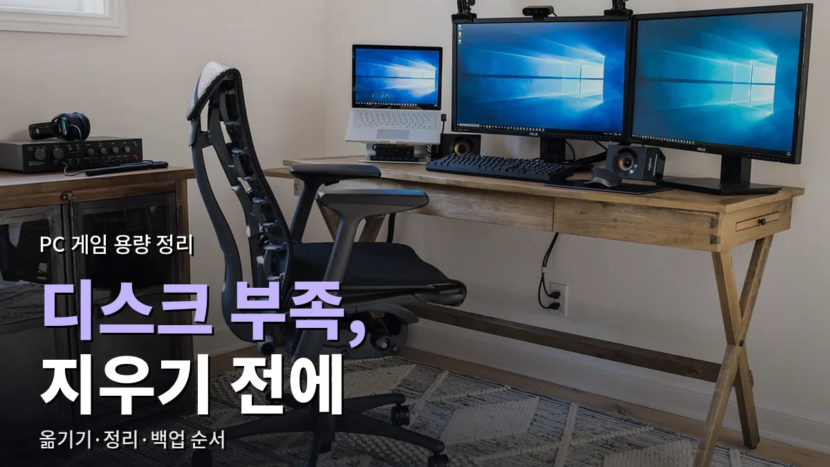모니터 두 대와 노트북이 놓인 PC 책상